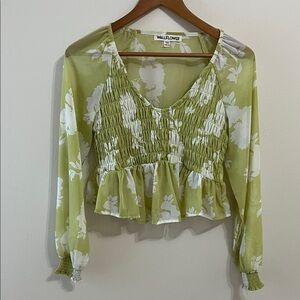 Chiffon Floral Green Blouse Shirt Top Med Smocked Long Sleeve Boho Feminine